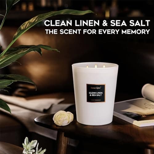 HomeLights Bougies parfumées en pot, bougies de soja naturel, 3 mèches en coton, sans fumée, longue durée de 130 heures, Lin propre et sel de mer