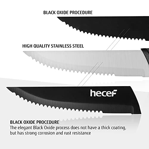 hecef Couteaux à Steak, 8 Pièces Couteaux de Table Aiguisés et Dentelés avec Manche Ergonomique, Set de Couteaux en Oxyde Noir, Couteau Viande en Acier Inoxydable, 12.7cm