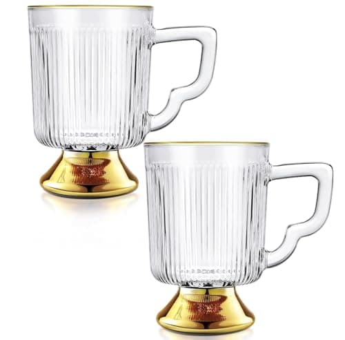 Joeyan Lot de 2 Tasse à Café à Bord Doré, 350ml Verres à Thé Cannelés Vintage avec Poignée, Tasses à Expresso, Verres Nervurés pour lattes,lait,Cappuccino,thé,boissons,Lavable au Lave-vaisselle