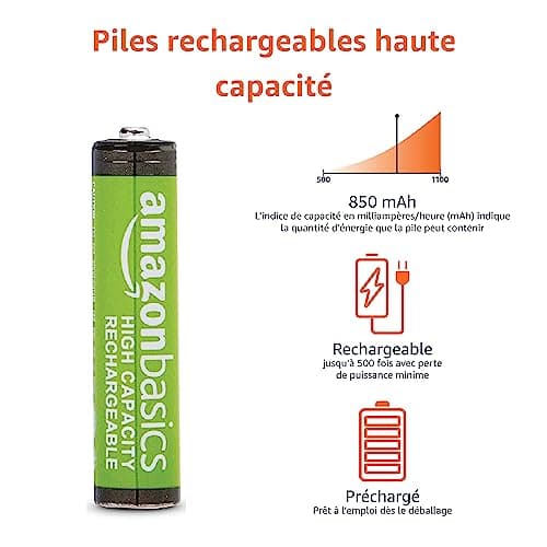 Amazon Basics - NiMh Piles Rechargeables AAA Haute capacité, 850 mAh, pré-chargées, Lot de 8