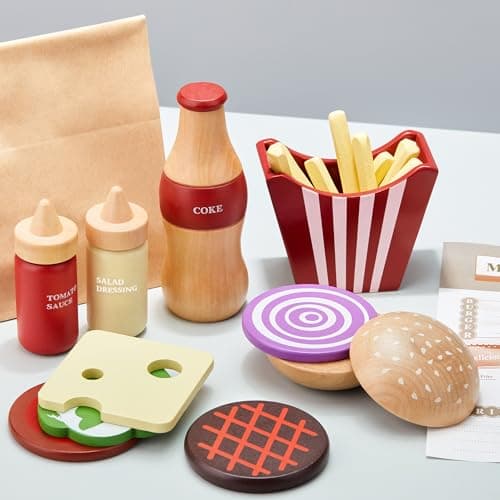 Aliments de jeu en bois pour enfants - Hamburger - Accessoires de cuisine pour tout-petits - Cadeau pour garçons et filles - Jouets éducatifs