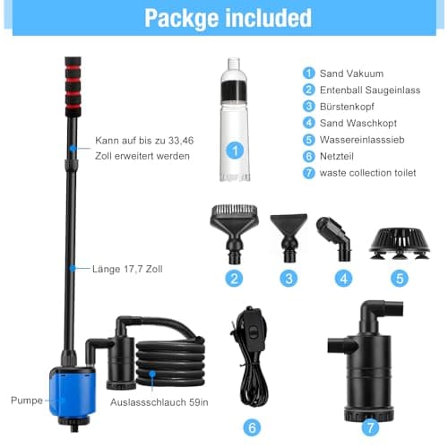 Mucek Piston Aquarium Électrique 30W Aquarium Nettoyant Galets sous Vide avec Soufflet - Kit d'aspiration d'Aquarium pour Changement d'eau, Nettoyage du Sable, Enlèvement de la saleté avec Tige