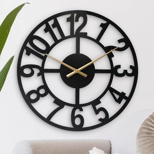 LW Collection Horloge Murale Jannah Noir avec Aiguilles dorées 80 cm - Grande Horloge Murale Industrielle en Métal - Horloge Murale Moderne - Mouvement Silencieux - Horloge Silencieuse