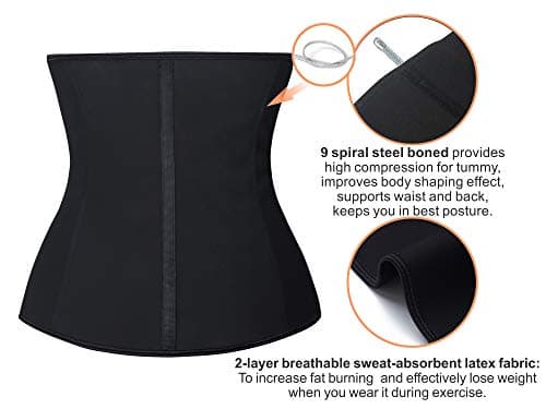 YIANNA Gaine Ventre Plat Femme Zipper Corset Minceur Waist Trainer Ceinture Amincissante Sudation Latex Body Gainant Sculptant Noir,2219 Size XS