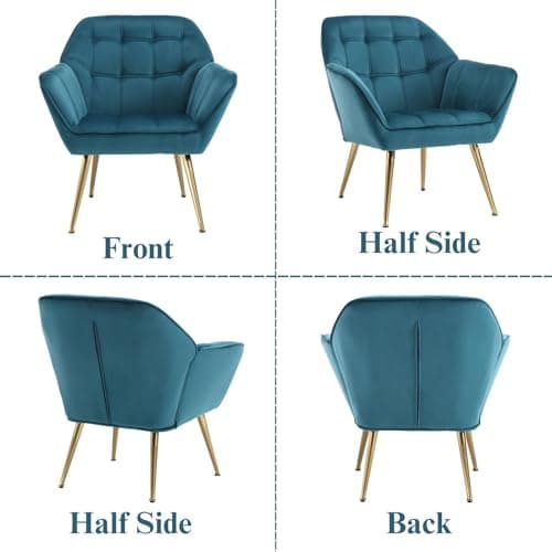 Wahson Fauteuil Salon Moderne Fauteuil Velours avec Pied Doré, Fauteul Design Salon Rembourré Fauteuil Scandinave Fauteuil 1 Place pour Salon/Chambre, Bleu