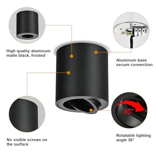 YindaLux 6× Spots de Plafond Noir - Spot en Saillie Plat 30° Orientable - Avec Douille GU10-230V LED Plafonnier Spot - Aluminium Rond Downlight Luminaire Plafonnier - Sans lampe GU10