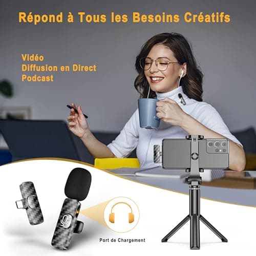 Micro Cravate sans Fil Professionnel pour iPhone/Android/Caméra, Microphone Lavalier sans Fil pour Enregistrement Vidéo, Vlogging, TikTok, YouTube, Réduction du Bruit, Plug & Play - Pack de 2 Micros