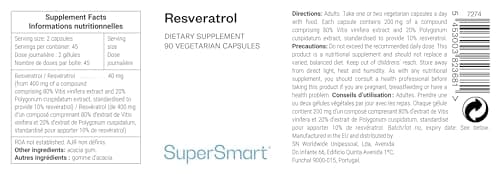 Supersmart - Resveratrol - Extrait de Vitis et Extrait de Polygonum Cuspidatum Standardisé pour Apporter 10% de Resvératrol - Antioxydant | Sans OGM - 90 Capsules Végétariennes