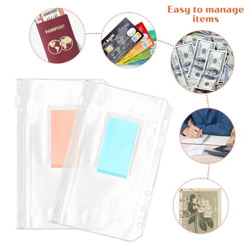 20 Pièces Pochettes de Classeur A6, 6 Trous Transparent Pochette Plastique, Sacs Zippés à Feuilles Mobiles avec Étiquettes Autocollantes, Enveloppes Étanches pour Carnet de Budget et Organiseur