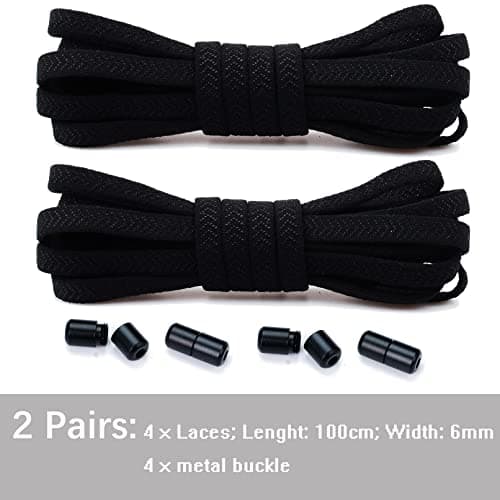 Olukssck 2 Paires Élastiques Lacets Plats avec Fermeture en Métal, Sans Nœuds pour Enfants et Adultes, Sport de Chaussures pour Toutes Les Chaussures, Noir