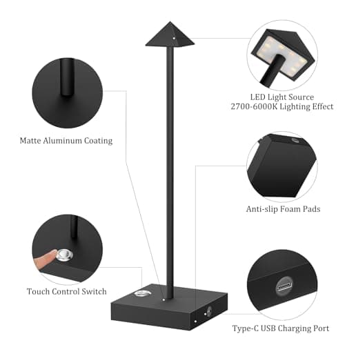 Aipsun Lampe de table LED sans fil - 6000 mAh - 33,5 cm - Noir - 6000 mAh - 33,5 cm - Intensité variable - En aluminium - Pour l'intérieur et l'extérieur - Restaurant Bar