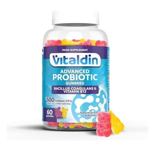 VITALDIN Probiotique Gummies – 500 millions d ́UFC de Bacillus Coagulans par dose + Vitamine B12 – 60 Gommes (pour 1 mois); saveur de Fruits – Flore Intestinale – pour Enfants et Adultes