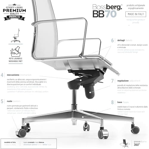 Bossberg BB70 Chaise de Bureau Ergonomique Blanche - Fauteuil Bureau Ergonomique avec Chaise avec Accoudoirs - Chaise Pivotante Design Italien