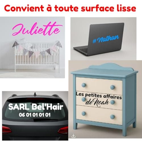 Stickers prénom ou texte personnalisé - 17 Couleurs - Vinyl décoratif (10 à 70 cm) - Stickers muraux, chambre enfant, voiture, meuble, Maison - Facile à poser.