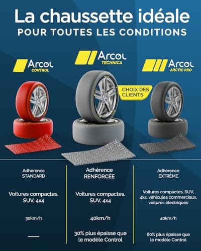 ARCOL Chaussettes à Neige Textile Homologué en 16662-1 - Deux Chaussette Neige pour Auto. Snow Sock Taille XL pour R14-R22 (Les Mesures pour Les Pneus sont Détaillées à L’intérieur) (Control, XL)