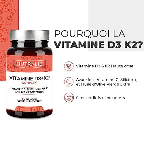 Vitamine D3 K2 (MK7) Haute Dose 10000 UI - Vit C + Huile d'Olive - 20 Mois Traitement - Os Muscles Système Immunitaire - Vitamine D BIO-disponible avec Vitamine K2 C et Silicium - 60 Gélules NUTRALIE