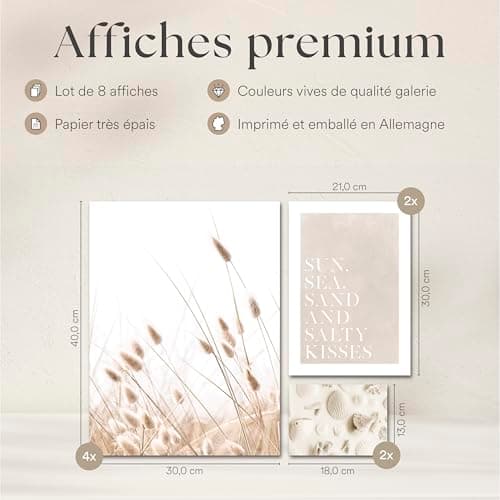 ARTFAVES® - Lot d'affiches - PLAGE DE RÊVE - Décoration murale 8 affiches modernes Plage, beige, mer, herbes de la pampa, coquillages - cadres noirs