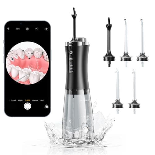 Hydropulseur dentaire pour les dents avec appareil photo, caméra HD 1080p sans fil, irrigateur buccal sans fil, 5 embouts de jet, hydropulseur dentaire rechargeable, IPX7, hydropulseur étanche IPX7,