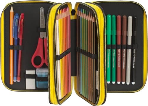 Clondo Trousse Triple Remplie Enfants, pour Ferrari Fans, 45 Accessoires Scolaires, 3 Fermetures Éclair, Compartiments Organisés, Crayons de Couleur, Feutres, Ciseaux