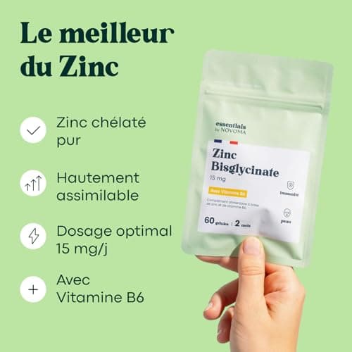 Zinc Bisglycinate + Vitamine B6, Renforce l'Immunité & Combat l’Acné, Assimilation Optimale, Cure de 2 mois, 60 Gélules Végétales, Complément Alimentaire Fabriqué en France,Essentials by Novoma
