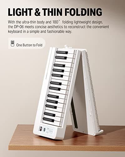 Donner DP-06 Piano à Clavier Pliable Pour Débutants, Clavier de Piano Portable 61 Touches, Clavier de Piano Électrique Numérique avec Bluetooth, Blanc