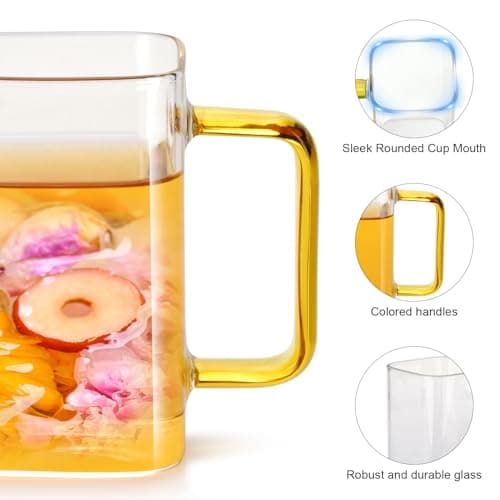 QHYK Verres transparents, Lot de 6 tasses, Verres à bouche carrée avec poignées colorées, 300ml, Parfaites pour à thé, jus, café, boisson, usage quotidien ou fête, restaurant, mariages