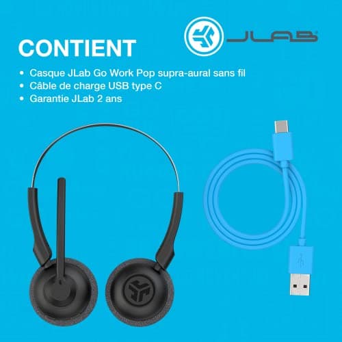 JLab Go Work Pop Casque Bluetooth sans Fil avec Micro - 50h, Noir
