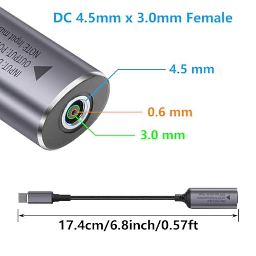 SinLoon PD DC4530 Câble d'alimentation 140 W DC4530 vers USB C 4,5 mm x 3 mm femelle (4,5 x 0,6 mm) entrée vers câble d'alimentation type C mâle avec puce d'identification automatique PD, pour