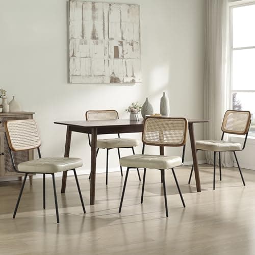 Zouron Chaises de Salle à Manger en rotin Lot de 2,Chaise de Salle à Manger Moderne du Milieu du siècle avec Pieds en métal,Chaise de Cuisine avec Dossier en rotin,Chaise en Cuir rembourré,Beige