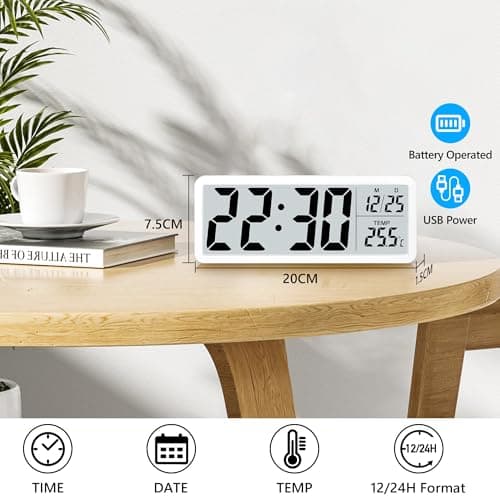 Sukeen Horloge murale numérique à piles, horloge murale numérique avec grands chiffres, température, 12/24 heures, horloge de bureau, horloge numérique murale pour salon, chambre, bureau, école,