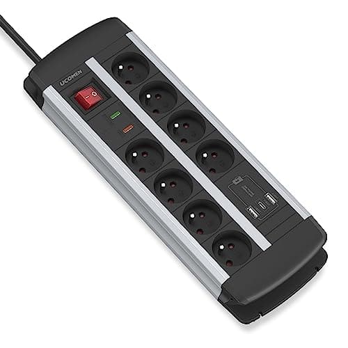 UCOMEN Multiprise Parafoudre avec Chargeur Rapide USB A et USB C 20W,Multiprise 8 Prises (3680W 16A) Parasurtenseur et Surtension avec Interrupteur, Câble de 1,5m,Multiprise Bureau Type E (FR), Noir