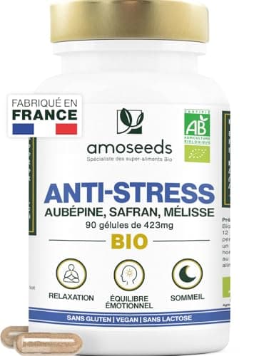 Anti-stress BIO | Aubépine, Safran, Mélisse | Équilibre Émotionnel, Relaxation, Réduit la Tension Nerveuse | 90 gélules de 423mg | Fabriqué en France | Qualité Supérieure