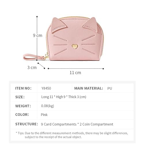Porte Carte de Crédit Femmes, PU Cuir Porte-Cartes de Visite Protection RFID Portefeuille Porte Monnaie Fermeture Éclair Crédit Portefeuille avec 11 emplacements pour Cartes Women's Wallet,Rose Chaton