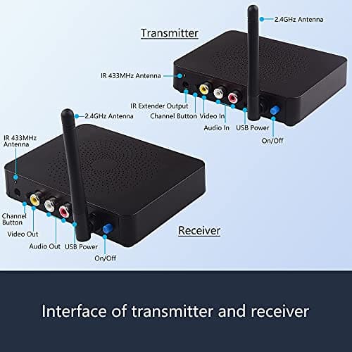 moretop Émetteur et récepteur vidéo et Audio sans Fil 2,4 GHz 8 canaux RCA 480P émetteur avec rallonge à Distance IR pour câble de Streaming, Satellite, DVD vers TV sans Fil pour câble RCA (MT-RCA20)