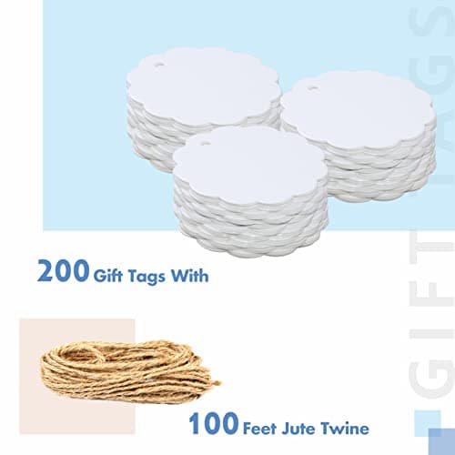 200 étiquettes-cadeaux Kraft Blanc festonnée avec 30 mètres de ficelle de jute naturelle pour l’emballage d’artisanat (6 cm de diamètre)