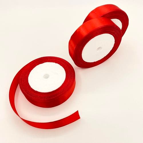 LLMtn 66 Mètres Lot de 3 Rouleaux de Ruban de sSatin Rouge 2 cm x 22 m pour Décoration de Cadeau de Mariage, de Baptême et d'anniversaire