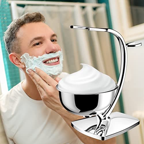 GRUTTI Ensemble de rasage, rasoir de luxe chromé et support de brosse avec bol de savon et brosse de rasage pour cheveux de blaireau et lame double tranchant compatible avec rasoir de sûreté
