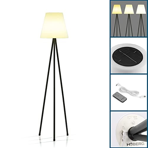 Hoberg Solar Lampadaire | Sans fil & Variable | LED blanc chaud | Batterie rechargeable par énergie solaire & USB | Avec télécommande & capteur de lumière | Pour l'intérieur & l'extérieur [IP44]