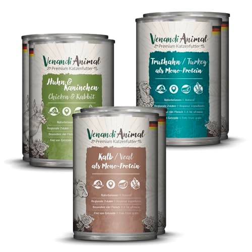 Venandi Animal Premium Nourriture Humide pour Chats, Pack d'essai II, Poulet + Lapin, Veau, Dinde, 6 x 400 g, sans céréales et Naturel, 2.4 kg