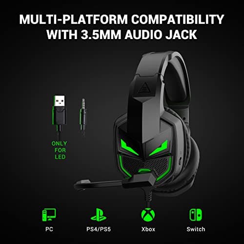 EKSA Fenrir Casque Gaming à Réduction de Bruit avec Micro pour Xbox One PC PS4 PS5 Switch avec Lumière LED, 3D Stéréo Surround Casque Audio pour Prise 3,5MM, Noir Vert