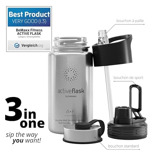 Gourde Inox Isotherme ACTIVE FLASK 1l/500ml sans BPA + Paille (3 Bouchons) | Bouteille d’eau Acier Inoxydable Isolée, Thermos Réutilisable | Camping Velo Sport Running Randonnée Enfant, Café The