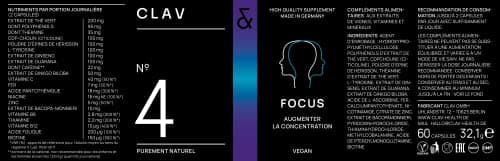 N°4 FOCUS - Supplément Nootropique - Brain Booster améliore la Memoire et Concentration - avec Citicoline + Ginko Biloba + Bacopa Brahmi - 60 Gélules Végan - CLAV Nootropics