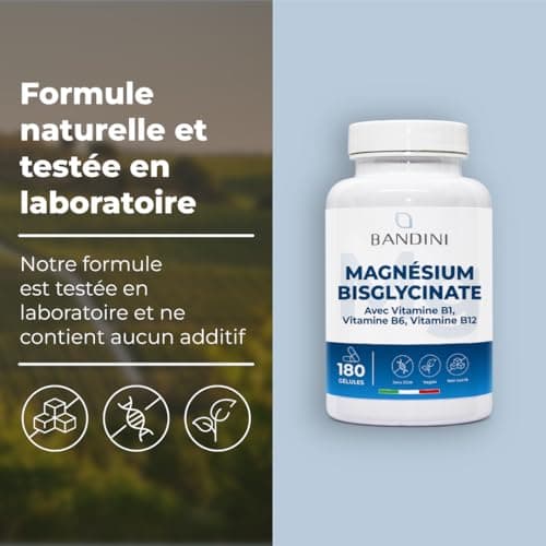 Bandini® Magnésium Bisglycinate + vitamines B1, B6, B12-180 gélules Vegan - Haute Teneur 350mg par jour – Glycinate de Magnésium en capsules - Combat la Fatigue et le Stress - Favorise le Sommeil
