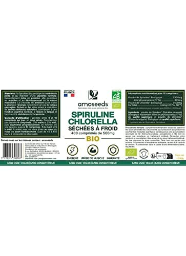 Spiruline et Chlorella BIO | 400 comprimés vegan de 500mg | 4500mg par jour | 17% Phycocyanine, Séchées à Froid | Détox, Anti-fatigue, Antioxydant | Qualité Supérieure