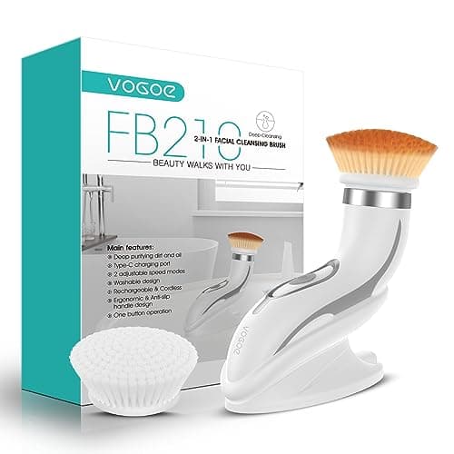 VOGOE Brosse Nettoyante Visage Electrique, Rechargeable Brosses Visage Rotative, Etanche IPX6, Nettoyange Brosse 2 Vitesses avec 2 Têtes Brossantes pour Exfoliation Douce FB210 (Gris)