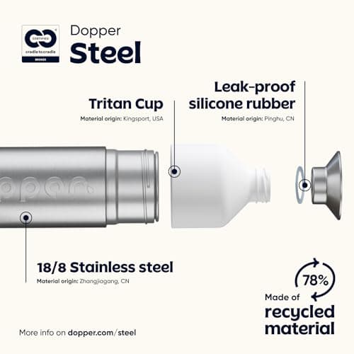 Dopper Steel Bouteille d'eau 800 ml - Gourde Inox - Bouteille Reutilisable sans BPA, acier inoxydable 18/8, anti-fuite - Gourde Metal de sport pour le sport, le plein air et le bureau