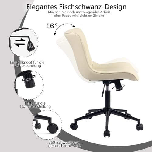 YOUTASTE Chaise de Bureau, Fauteuil Ergonomique avec Cuir PU, Chaise Pivotante avec roulettes & Dossier, Réglable en Hauteur et Fonction Bascule, pour Bureau, Chambre, Capacité 136kg, Beige