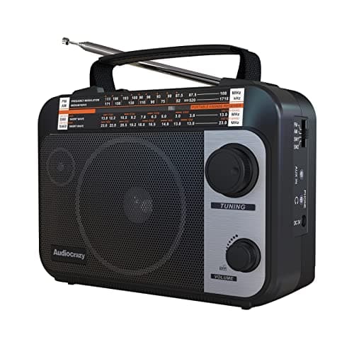 Audiocrazy Radio Portable FM/AM/SW1-2 Radio Multibande avec Batterie Rechargeable 1800 mAh, Câble AC Ou Radio FM Portable avec Piles, Haut-parleurs, Prise Casque, Entrée AUX Noir