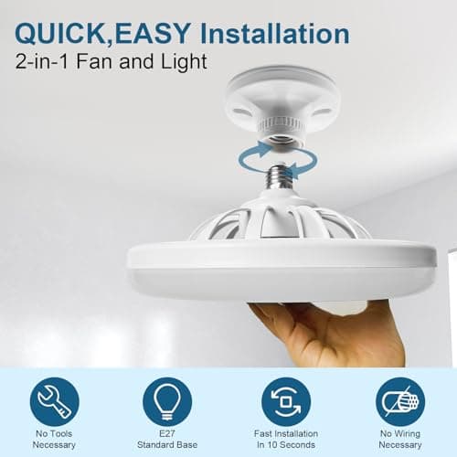 oxylops Ventilateurs Plafond avec Lumière, 10"" Lampe E27 Ventilateurs De Plafond Fermés Silencieux 30W, Ventilateur Mural Portable Enfichable avec Lumière Blanche pour Chambre Salon, FYD-0770