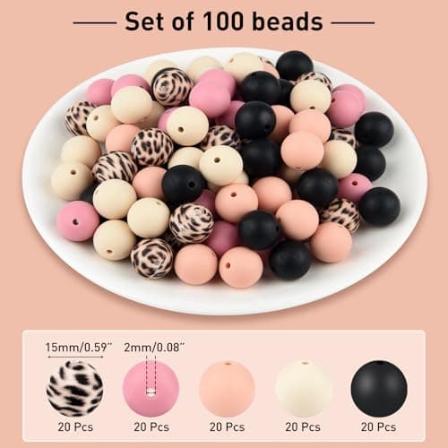 ASTARON 100 pièces de perles en silicone de 15 mm pour la fabrication de porte-clés, perles rondes en silicone rose noir en vrac pour bracelets, stylos, artisanat, fabrication de bijoux
